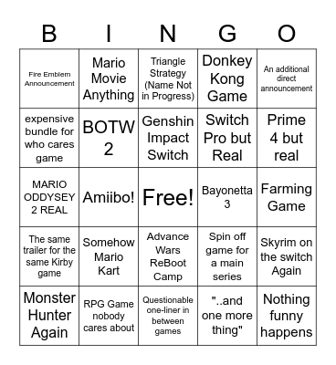 Nintendo Direct Bingo Card