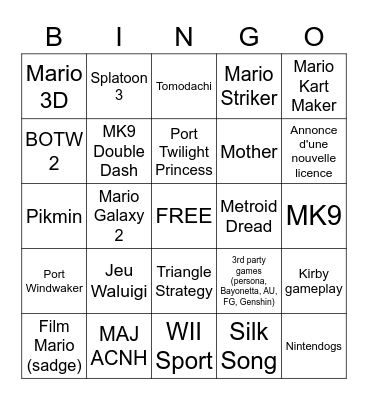 Nintendo direct 09/02 Bingo Card