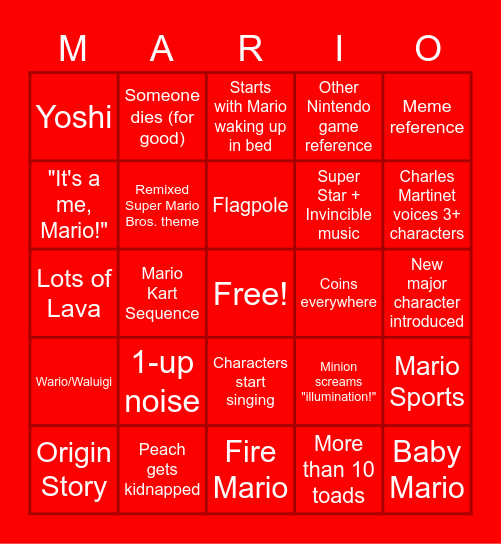 Mario Movie Predictions Bingo Card