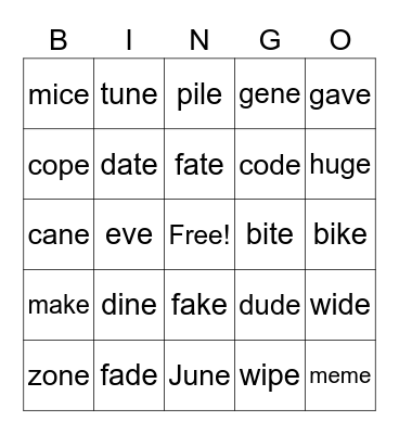 Magic E Bingo Card