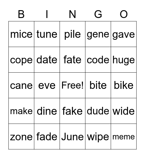 Magic E Bingo Card