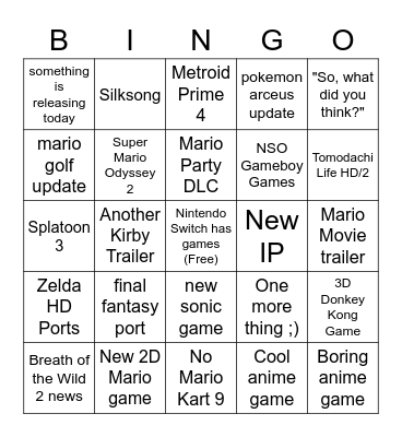 Nintendo Direct Bingo! Bingo Card