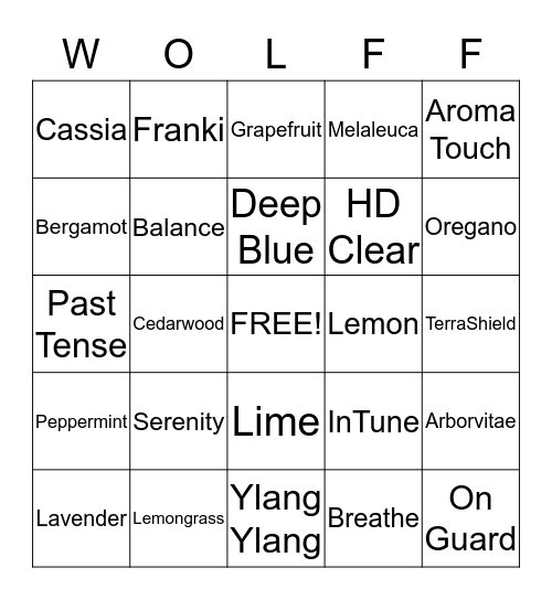 Wolff Essential Oils Bingo Card