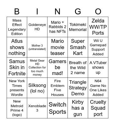 Nintendo Direct 9/2/22 Bingo Card