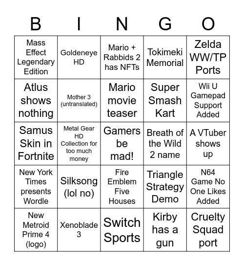 Nintendo Direct 9/2/22 Bingo Card