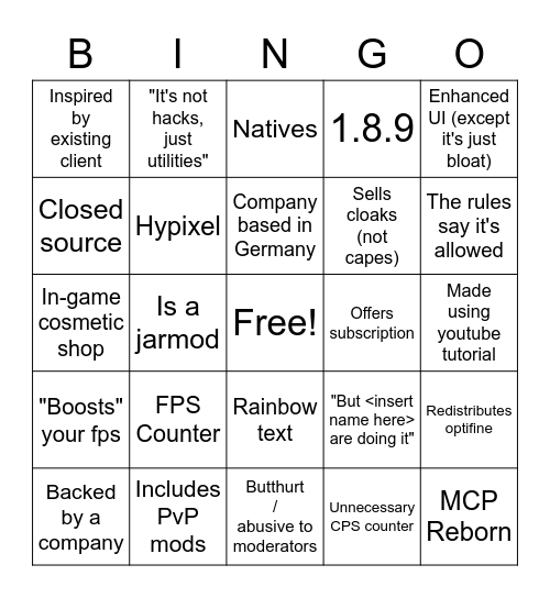 Cursed 1.8.9 clients Bingo Card