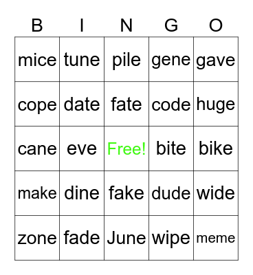 Magic E Bingo Card