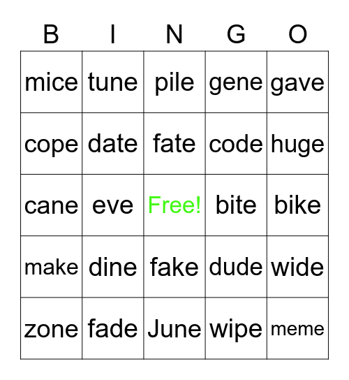 Magic E Bingo Card