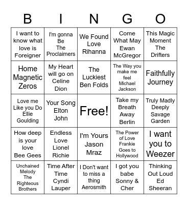 Love Songs R1 Bingo Card