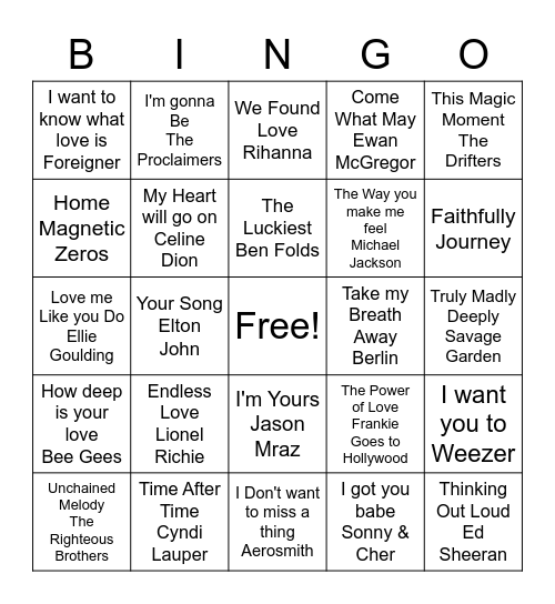 Love Songs R1 Bingo Card