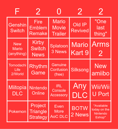 NINTENDO DIRECT Bingo Card