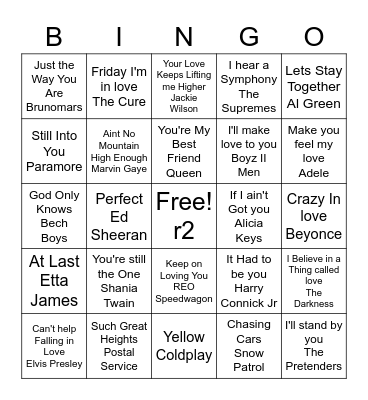 Love Songs R2 Bingo Card