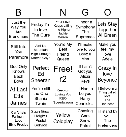 Love Songs R2 Bingo Card