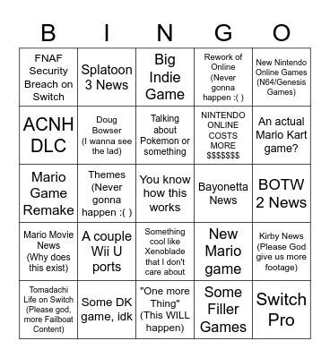 Nintendo Direct Bingo Card