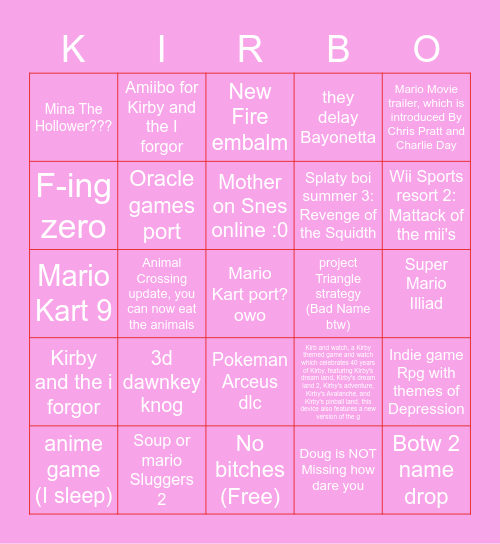 Nintendo Direct, Kirby Theme Bingo Card