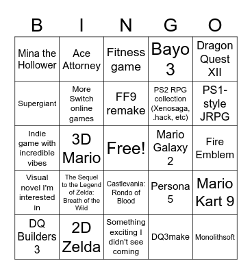 Today's Nintendo Direct Bingo Card