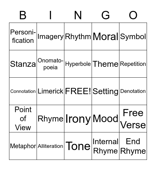Poetry Terms Bingo Card
