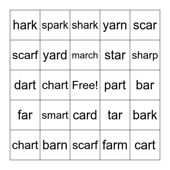 "ar" Bingo Card
