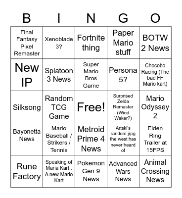 Nintendo Direct Bingo Card