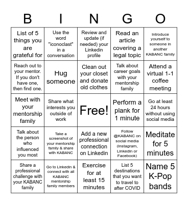 2022 KABANC Mentorship Family Bingo Card