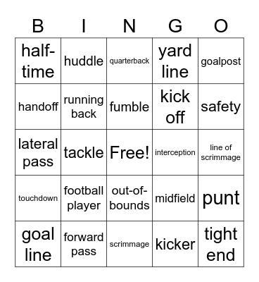 Super Bowl Bingo Card