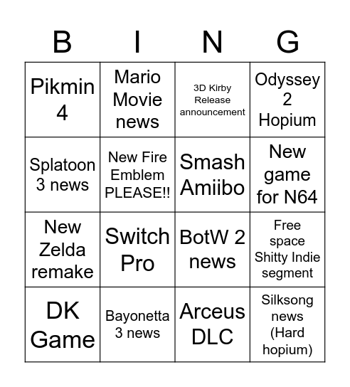 Nintendo Direct Bingo Card