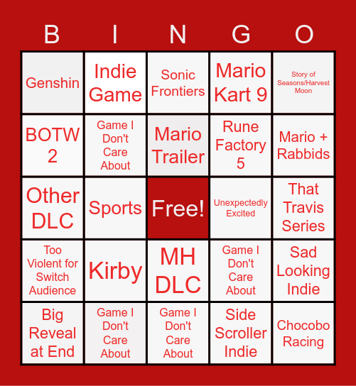 Nintendo Direct Bingo Card