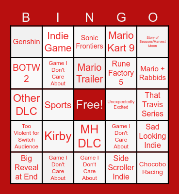 Nintendo Direct Bingo Card