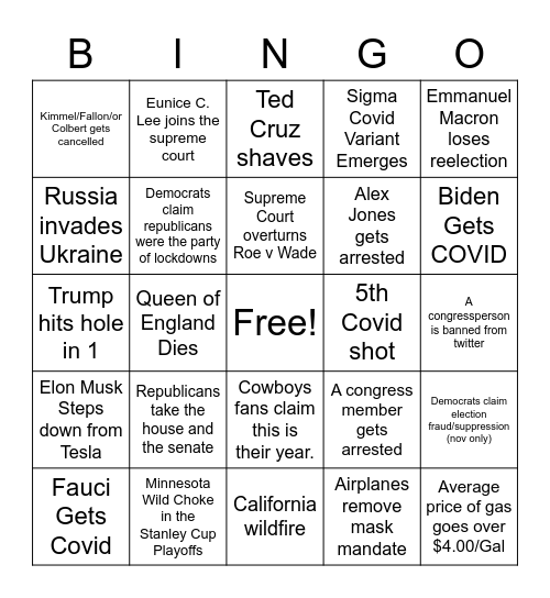 2022 Bingo Card Bingo Card