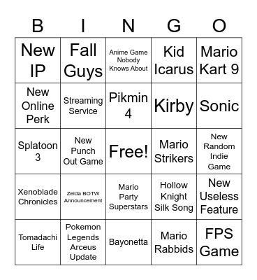 Nintendo Direct Febuary Bingo Card