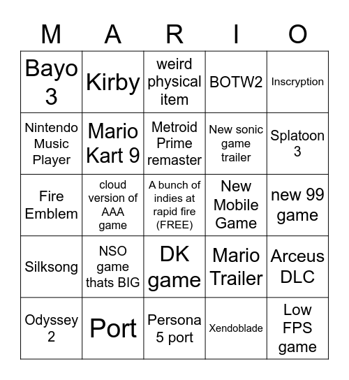 Nintendo Direct 2/9 Bingo Card