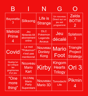 Nintendo Direct 09/02/22 Bingo Card