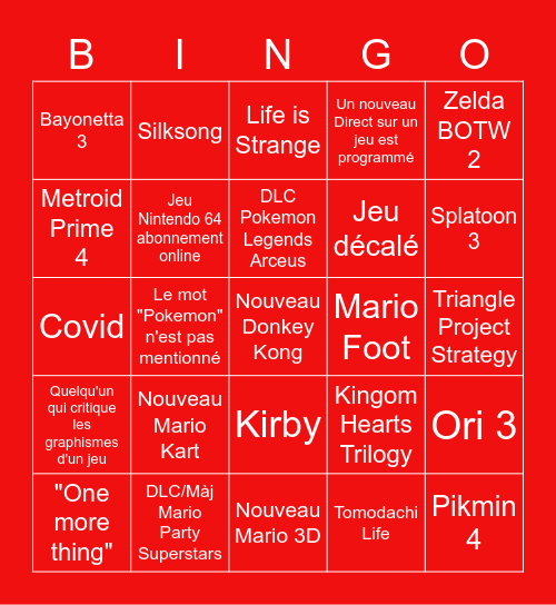 Nintendo Direct 09/02/22 Bingo Card