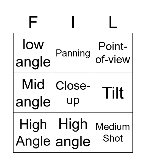 Camera Angles Bingo Card