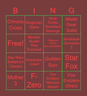 February Nintendo Direct Bingo Card