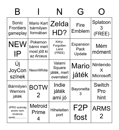 Nintendo Direct Február Bingo Card