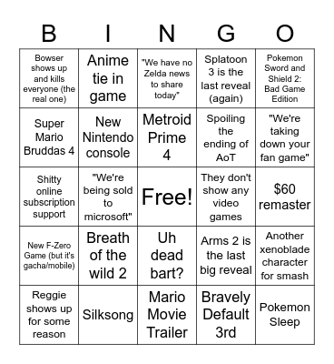 Nintendo Direct Bingo Card