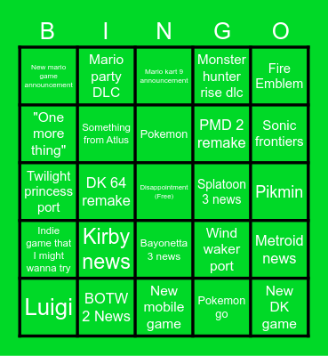 Nintendo Direct Feb 9th 2022 Bingo Card