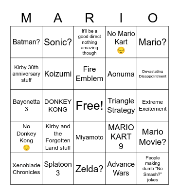 February 9th, 2022 Nintendo Direct Bingo Card