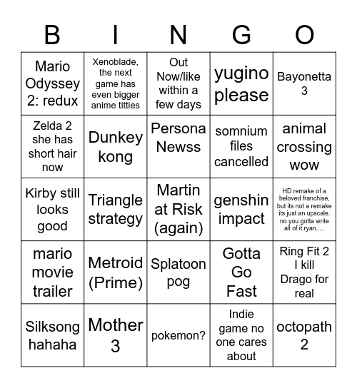 Nintendo Direct Bingo Card