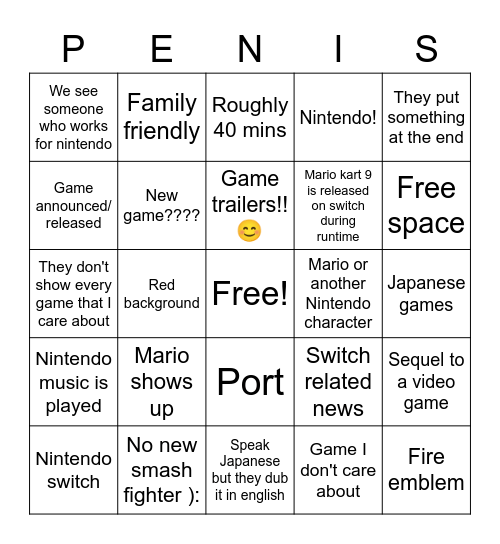 My Nintendo Direct bingo Card