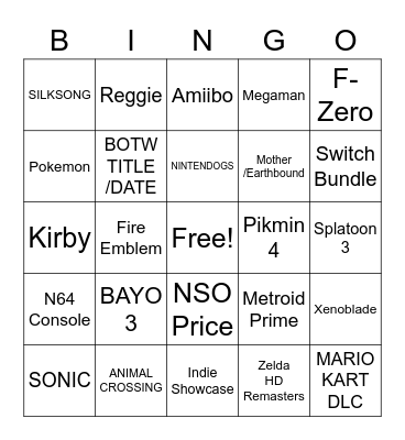 NINTENDO DIRECT Bingo Card