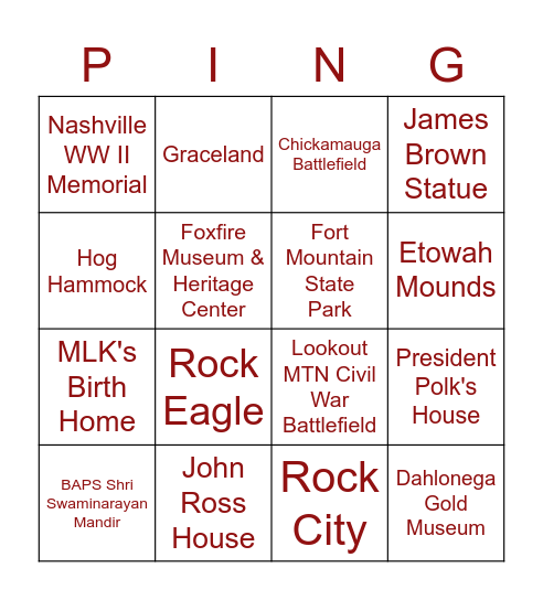 Landmark Ping Bingo Card