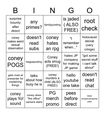 Coney Reacting to Nintendo Direct Bingo Card