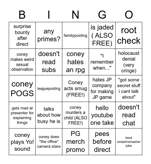 Coney Reacting to Nintendo Direct Bingo Card