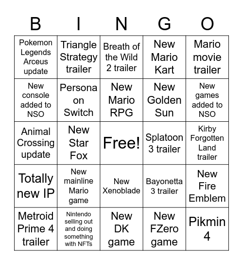 Nintendo Direct Bingo Card