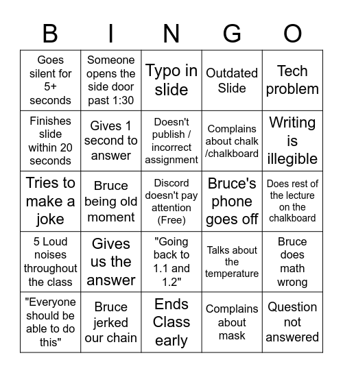 Math 21 Bruce Bingo Card