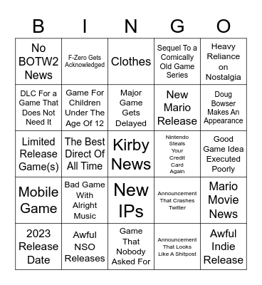 Nintendo Direct Bingo Card