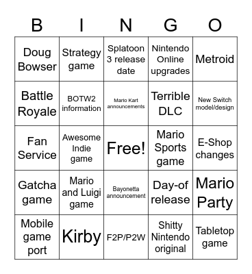 Nintendo Direct Bingo Card