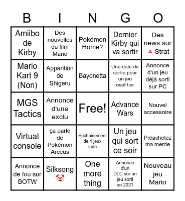 Nintendo Direct Bingo Card